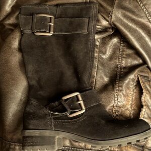 SKECHERS Lunacy Black Suede Mid-Calf Moto Engineer Buckle Boots Women’s Size 8.5